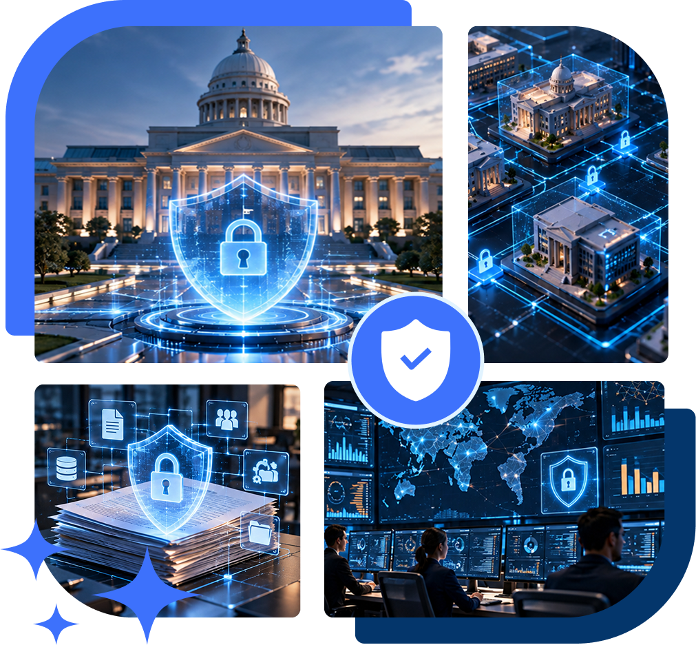 Government cybersecurity collage - shield, security analyst, monitoring and strategy